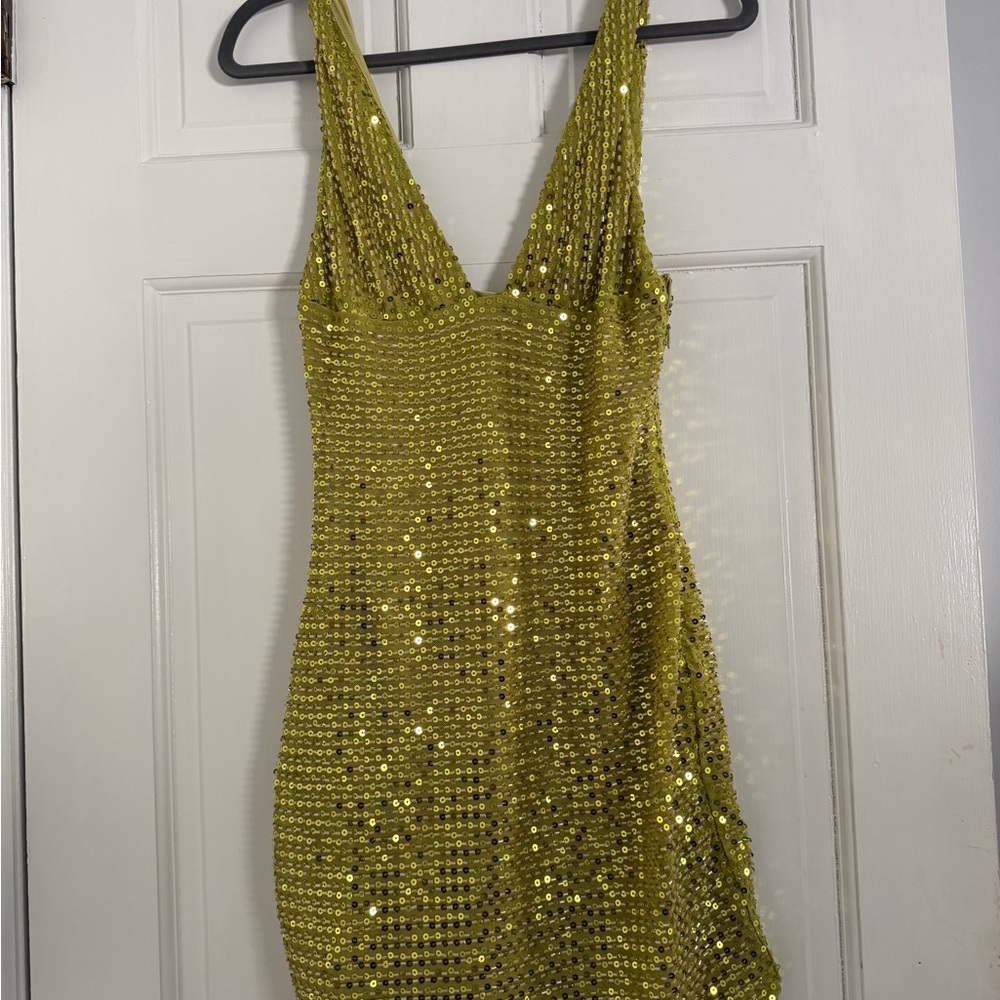 White Fox Boutique Olive Sequin V-Neck Mini Dress